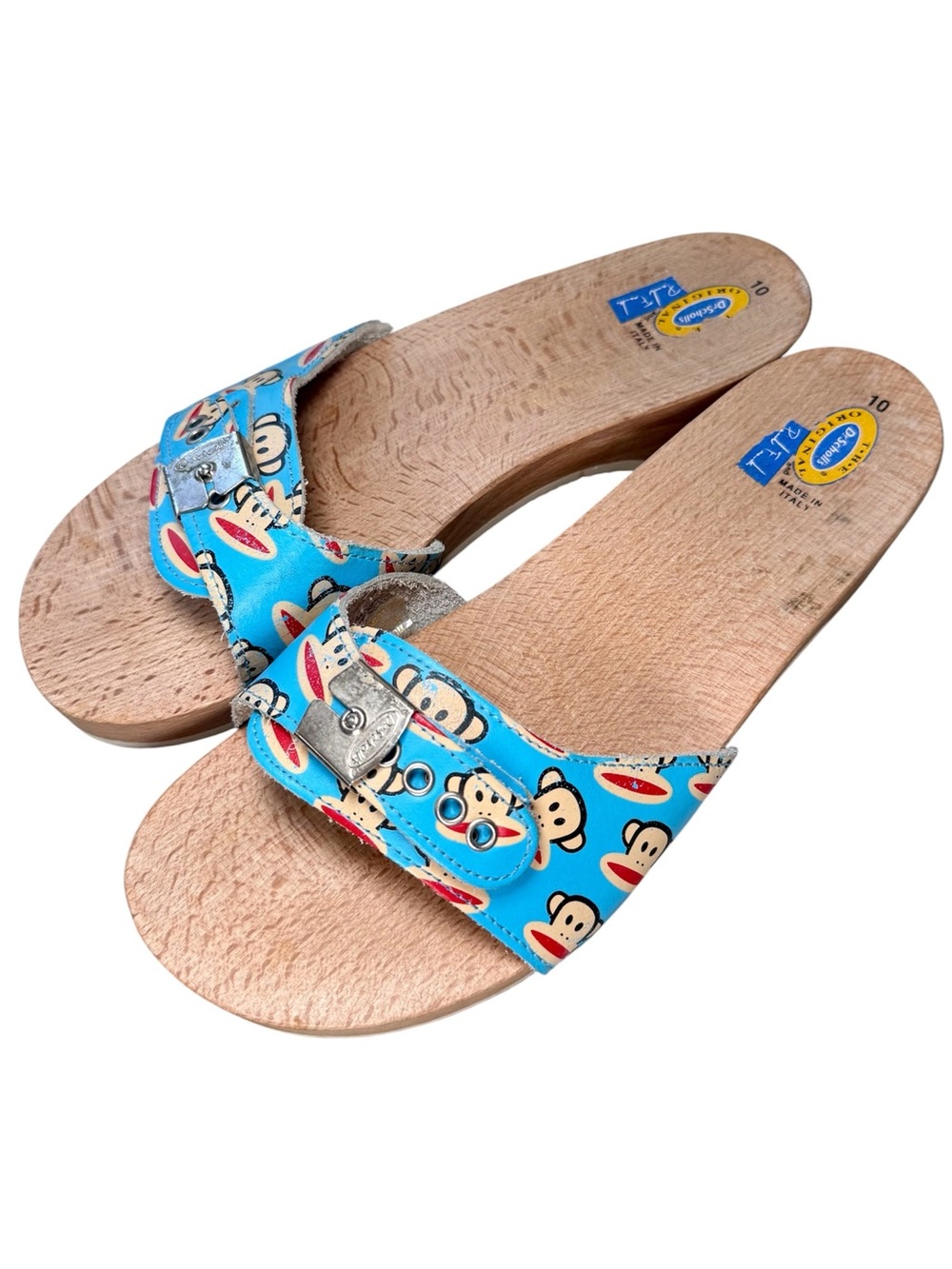 DR SCHOLL'S EXERCISE SANDALS WOODEN Sz 10 VINTAGE JULIAS THE MONKEY SLIDES Y2K